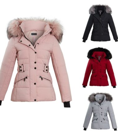 Shelikes Faux Fur Trim Hood Belted Quilted Padded Women Jacket Coat Size UK 8-16