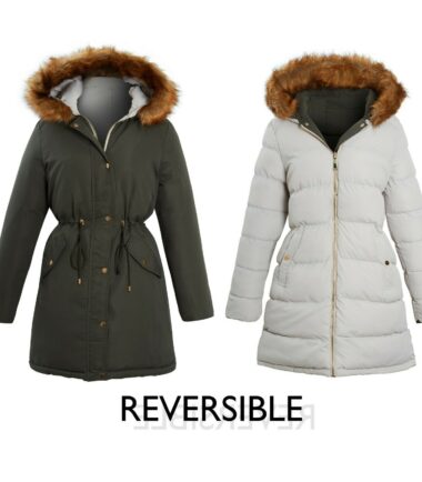 Shelikes Womens Ladies Khaki Reversible Faux Fur Hood Trim Padded Parka Coat