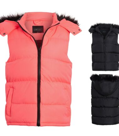 Shelikes Womens Body Warmer Black Faux Fur Hood Padded Gilet Jacket Size 8-16