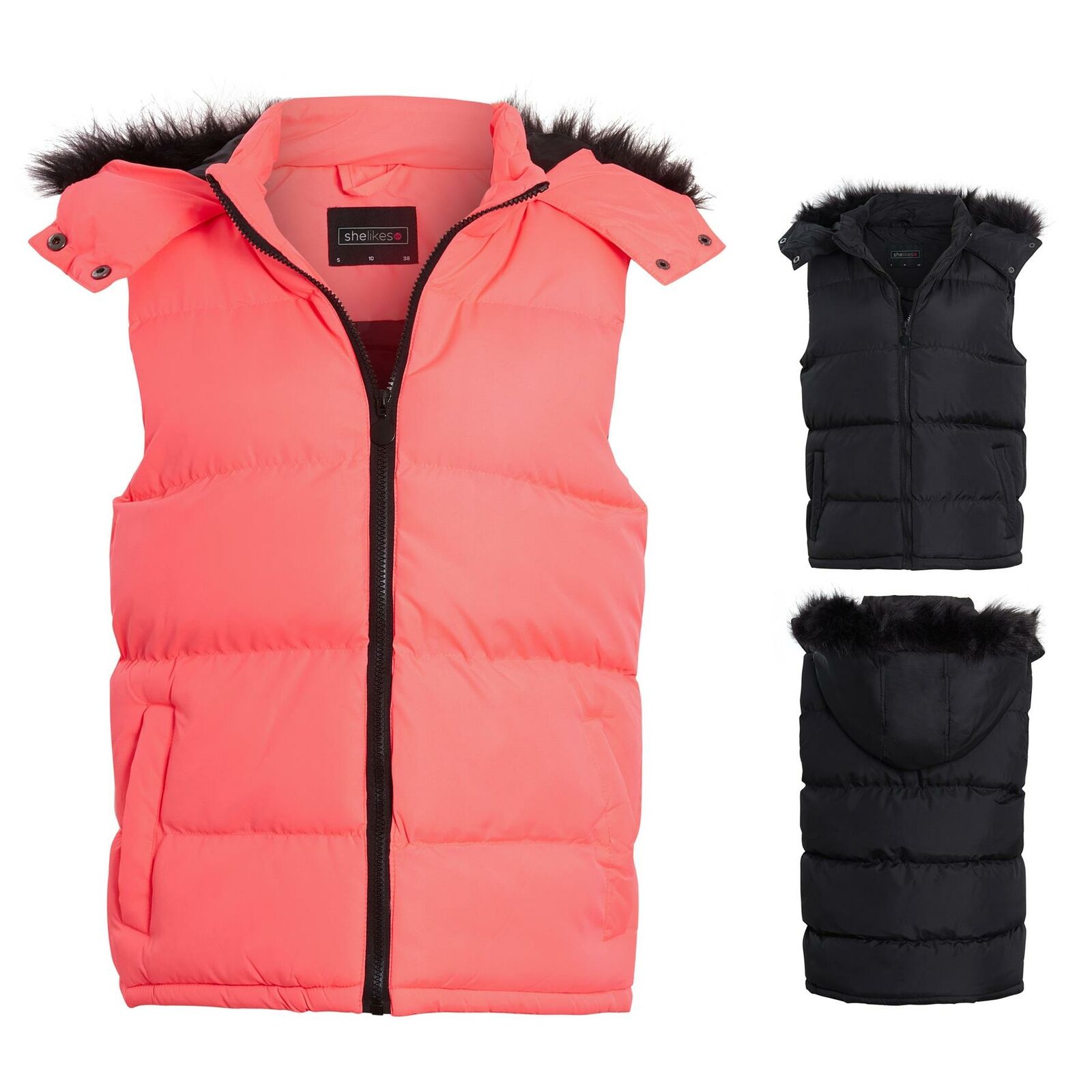 Shelikes-Womens-Body-Warmer-Black-Faux-Fur-Hood-Padded-Gilet-Jacket-Size-8-16 Shelikes Womens Body Warmer Black Faux Fur Hood Padded Gilet Jacket Size 8-16
