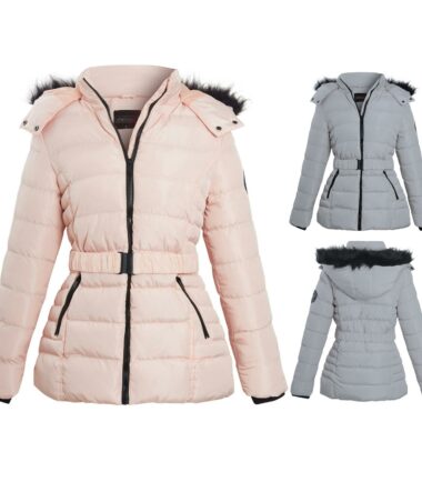Ladies-Pink-Grey-Contrast-Zip-Belt-Quilted-Padded-Long-Winter-Coat-Size Ladies Pink Grey Contrast Zip Belt Quilted Padded Long Winter Coat Size
