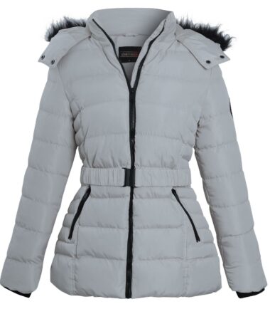 Ladies-Pink-Grey-Contrast-Zip-Belt-Quilted-Padded-Long-Winter-Coat-Size Ladies Pink Grey Contrast Zip Belt Quilted Padded Long Winter Coat Size