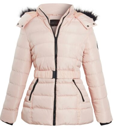 Ladies-Pink-Grey-Contrast-Zip-Belt-Quilted-Padded-Long-Winter-Coat-Size Ladies Pink Grey Contrast Zip Belt Quilted Padded Long Winter Coat Size