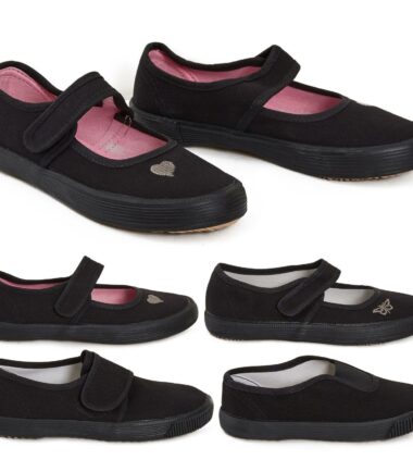 Girls Boys School PE Pumps Gym Black Dance Fastening Trainers Touch Plimsolls