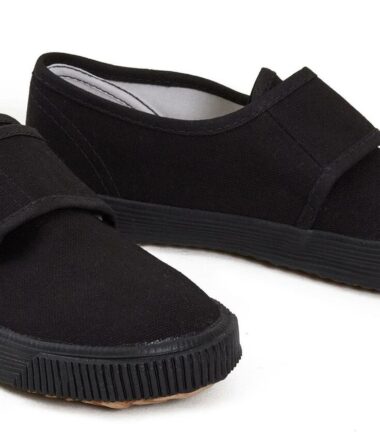 Girls Boys School PE Pumps Gym Black Dance Fastening Trainers Touch Plimsolls