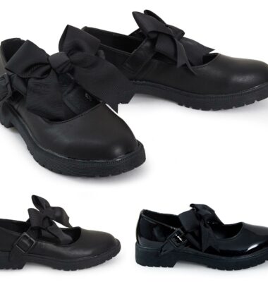 Girls Back To School Bow Black Patent Shiny Ankle Strap Mary Jane Shoes