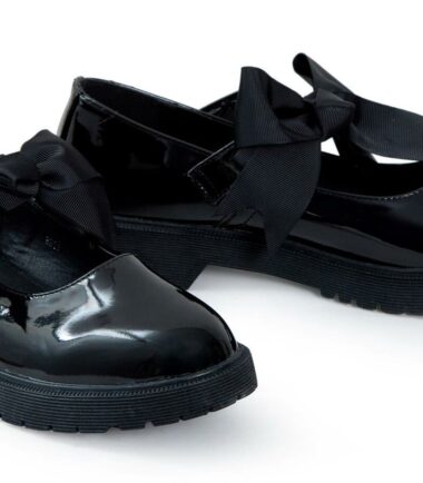 Girls Back To School Bow Black Patent Shiny Ankle Strap Mary Jane Shoes