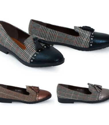 Ladies Low Wedge Heel Slip On Tartan Herringbone Metallic Brogue Loafers Shoes