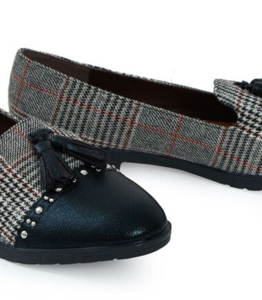 Ladies Low Wedge Heel Slip On Tartan Herringbone Metallic Brogue Loafers Shoes