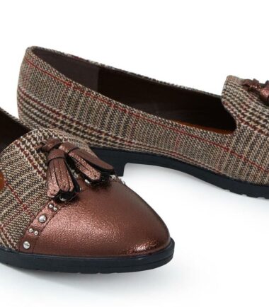 Ladies Low Wedge Heel Slip On Tartan Herringbone Metallic Brogue Loafers Shoes