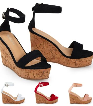 Womens Ladies High Wedge Cork Heel Espadrille Buckle Sandals Platform Size