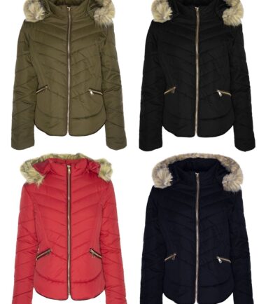 New Womens Fashion Jacket Zigzag Padded Quilted Ski Puffa Fur Hood Zip Coat Top