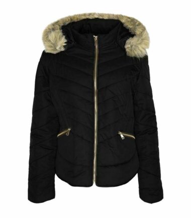 New Womens Fashion Jacket Zigzag Padded Quilted Ski Puffa Fur Hood Zip Coat Top
