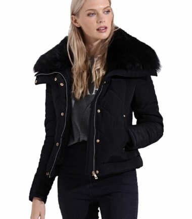 Womens Winter Black Faux Fur Lined Bomber Short Padded Jacket