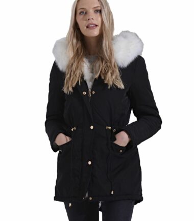 Womens Winter Black White Faux Fur Lining Hooded Zipped Warm Coat Jacket