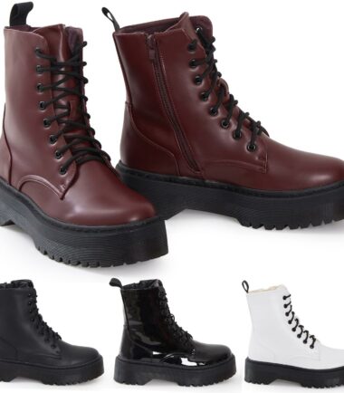 Ladies Hi Top Military Punk Ankle PU Leather Patent Lace Up Vintage Boots