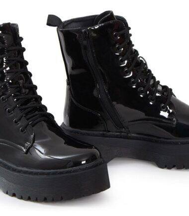 Ladies Hi Top Military Punk Ankle PU Leather Patent Lace Up Vintage Boots