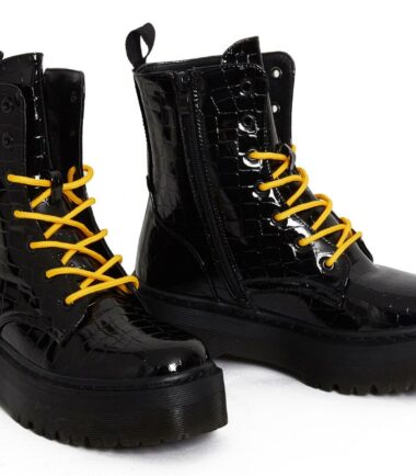 Ladies Hi Top Military Punk Ankle PU Leather Patent Lace Up Vintage Boots