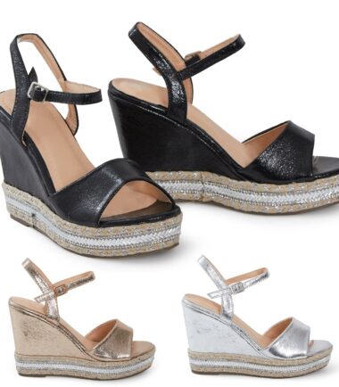 Womens Shiny Peep Toe Strappy Wedge Slip On Summer Beach Holiday Sandals
