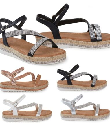 Shelikes Womens Diamante Espadrilles Ankle Strap Summer Holiday Wedge Heel Shoes