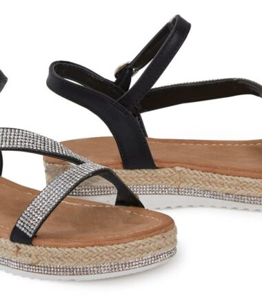 Shelikes Womens Diamante Espadrilles Ankle Strap Summer Holiday Wedge Heel Shoes