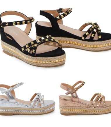 Shelikes Womens Ladies Low Wedge Heel Espadrilles Summer Stud Platform Sandals