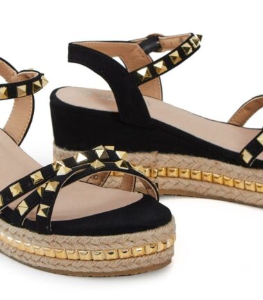 Shelikes Womens Ladies Low Wedge Heel Espadrilles Summer Stud Platform Sandals