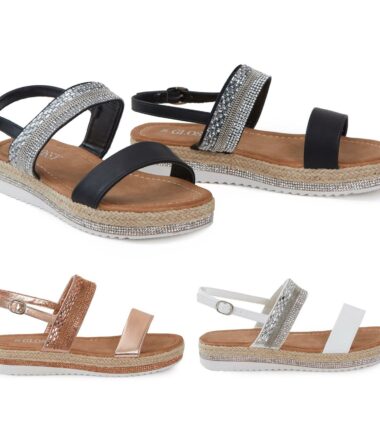 Womens Diamante Slip On Wedge Heel Flat Sandals Peep Toe Slingback Beach Sandals