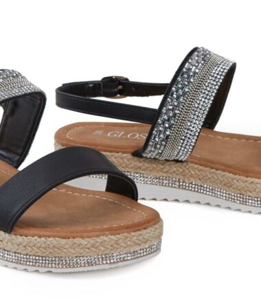 Womens Diamante Slip On Wedge Heel Flat Sandals Peep Toe Slingback Beach Sandals