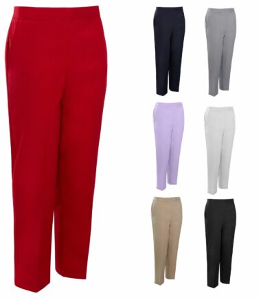 Womens Half Elasticated Trouser Stretch Waist Casual Pull On Straight Leg Plus