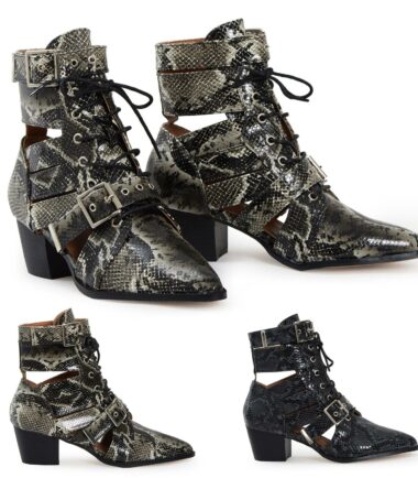 Shelikes Womens Ladies Black Snake PU Lace Up Buckle Ankle Boots