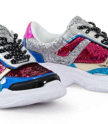 Shelikes Womens Multi Colour Sequin Diamante Shiny White Chunky Sole Trainers