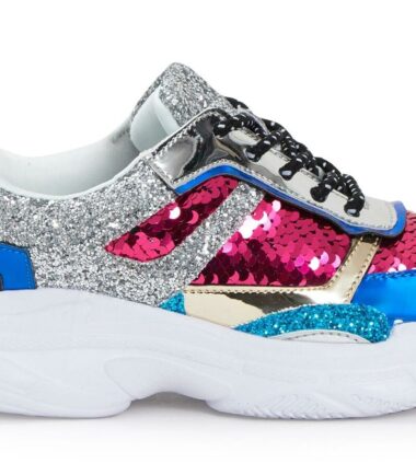 Shelikes Womens Multi Colour Sequin Diamante Shiny White Chunky Sole Trainers