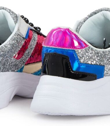 Shelikes Womens Multi Colour Sequin Diamante Shiny White Chunky Sole Trainers
