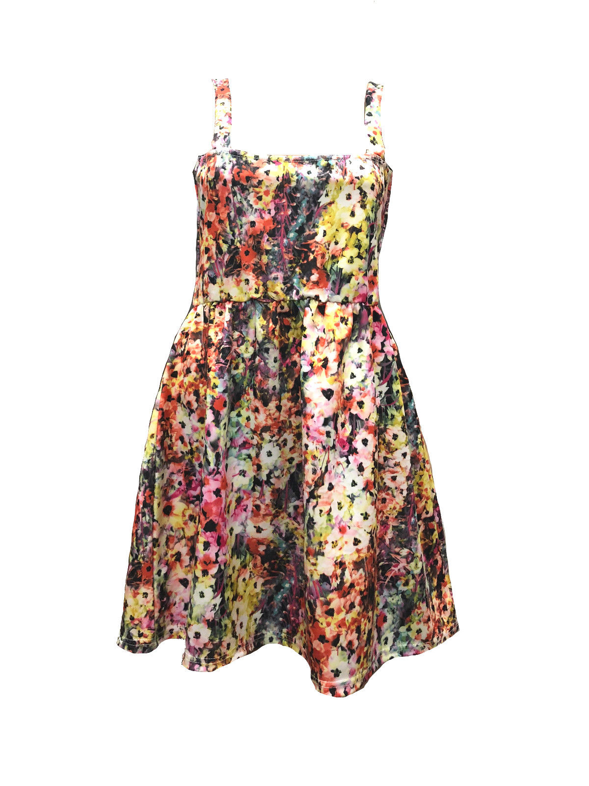WOMENS-SUMMER-FLORAL-SCUBA-SKATER-DRESS-GATHERED-CAMI-STRAPPY-FLARED-10---16 WOMENS SUMMER FLORAL SCUBA SKATER DRESS GATHERED CAMI STRAPPY FLARED 10 - 16