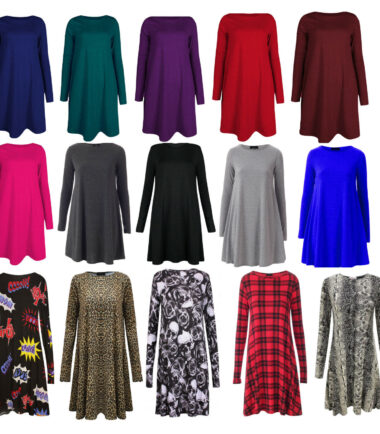 GIRLS SWING DRESS LONG SLEEVE SKATER TOP KIDS PLAIN PRINTED 3-13 YEARS CHRISTMAS