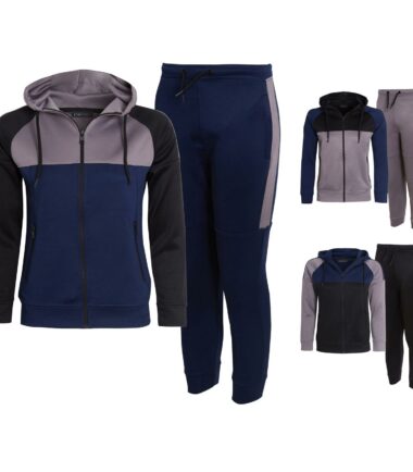 Kids Block Contrast Panel Full Zip Hooded Slim Fit Joggers Tracksuit