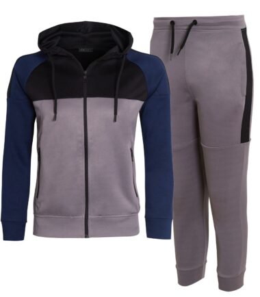 Kids Block Contrast Panel Full Zip Hooded Slim Fit Joggers Tracksuit