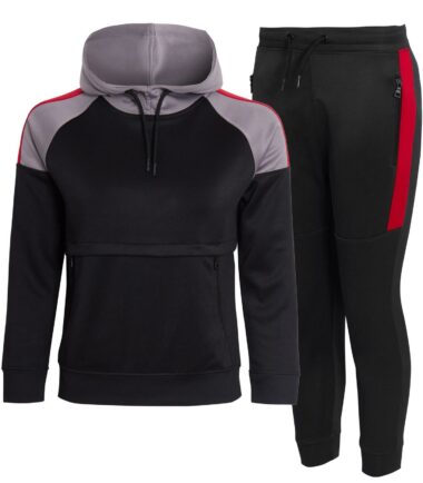 Boys Girls Block Contrast Panel Hooded Slim Fit Joggers Pullover Tracksuit