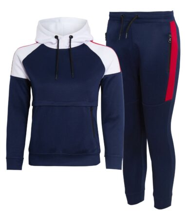 Boys Girls Block Contrast Panel Hooded Slim Fit Joggers Pullover Tracksuit
