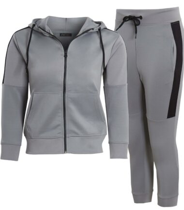 Kids Girls Boys Panel Full Zip Suit Hooded Hoodie Bottom Jogging Tracksuit