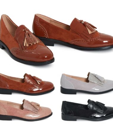Womens Ladies Low Heel Slip On Shiny Tassled Brogue Loafer Shoes