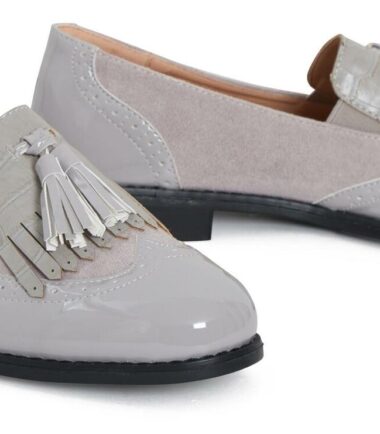 Womens Ladies Low Heel Slip On Shiny Tassled Brogue Loafer Shoes