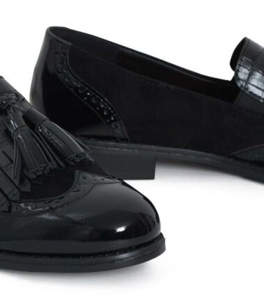 Womens Ladies Low Heel Slip On Shiny Tassled Brogue Loafer Shoes