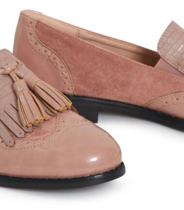 Womens Ladies Low Heel Slip On Shiny Tassled Brogue Loafer Shoes