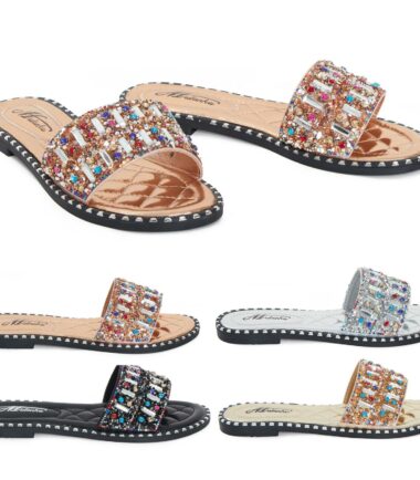 Womens Sequin Flat Diamante Sliders Slip On Summer Sandals Mules Size