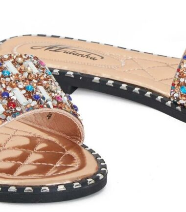 Womens Sequin Flat Diamante Sliders Slip On Summer Sandals Mules Size