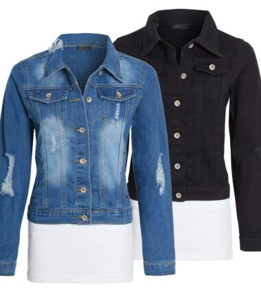 Shelikes Womens Button Up Distress Vintage Ripped Denim Blue Long Sleeve Jacket