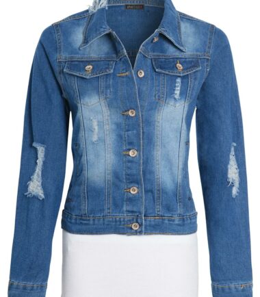 Shelikes Womens Button Up Distress Vintage Ripped Denim Blue Long Sleeve Jacket