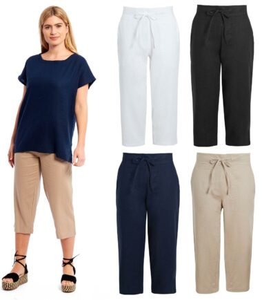 Womens 3/4 Length Summer Holiday Linen Black White Stone Comfort Trousers